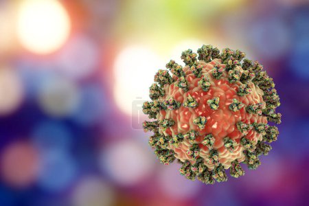 Photo for Parainfluenza virus on bokeh background, 3D illustration. Common cold virus. Paramyxovirus. Illustration shows structure of parainfluenza virus with surface glycoprotein spikes - Royalty Free Image