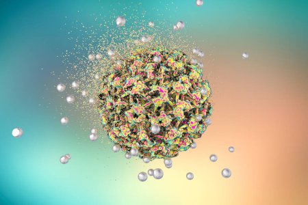 Foto de Destrucción del virus del papiloma humano por nanopartículas de plata, ilustración 3D. Concepto para el tratamiento y prevención del virus del papiloma. El VPH es un virus que causa verrugas y cáncer de cuello uterino - Imagen libre de derechos