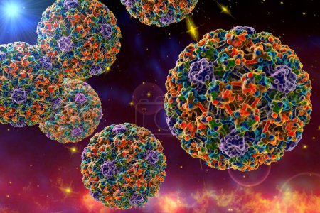 Photo for Human papillomaviruses on space background, a virus which causes warts and cervical cancer. 3D illustration. Elements of this image furnished by NASA - Royalty Free Image
