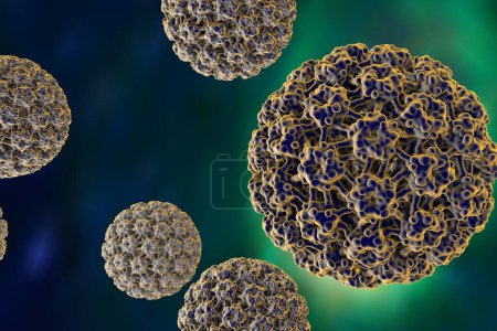 Human papillomaviruses on colorful background, a virus which causes warts located mainly on hands and feet. Some strains infect genitals and can cause cervical cancer. 3D illustration