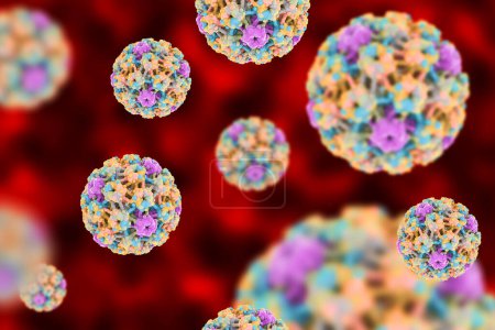 Photo for Human papillomaviruses on colorful background, a virus which causes warts located mainly on hands and feet. Some strains infect genitals and can cause cervical cancer. 3D illustration - Royalty Free Image