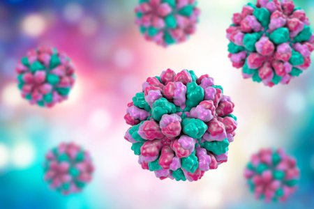 Photo for Norovirus, Norwalk virus, also called winter vomiting bug, RNA virus from Caliciviridae family, causative agent of gastroenteritis characterized by diarrhea, vomiting, stomach pain. 3D illustration - Royalty Free Image