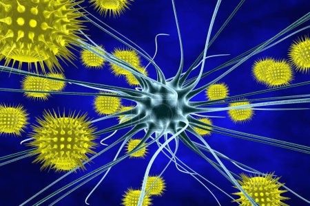 Téléchargez les photos : Encéphalite virale, cellules cérébrales infectées par des virus, illustration 3D - en image libre de droit