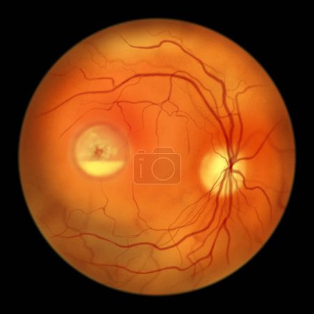 Photo for Best disease. Best vitelliform macular dystrophy, Pseudohypopyon stage, layering of lipofuscin, scientific illustration, ophthalmoscope view - Royalty Free Image