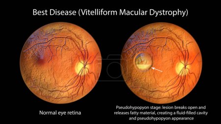 Photo for Best disease, 3D illustration showing normal eye retina and Best vitelliform macular dystrophy, Pseudohypopyon stage with layering of lipofuscin, ophthalmoscope view - Royalty Free Image