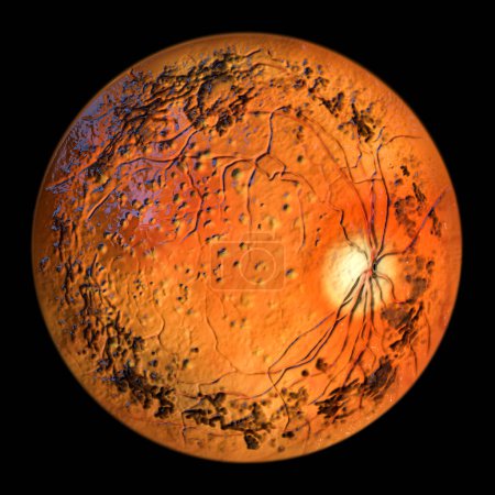 Téléchargez les photos : Retinitis pigmentosa, une maladie génétique des yeux. L'illustration 3D montre les dépôts de pigments dans la rétine, les vaisseaux sanguins atténués, les spicules osseuses pigmentaires et l'aspect cireux du disque optique. - en image libre de droit