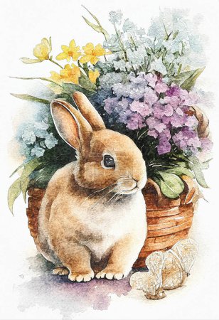 Téléchargez les photos : Un lapin mignon tenant un panier de fleurs colorées, illustration numérique dans le style croquis créant une scène charmante et fantaisiste - en image libre de droit