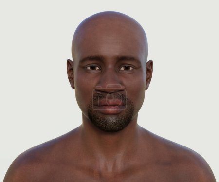 Foto de Un retrato fotorrealista de un hombre africano, mostrando sus características únicas y carácter, ilustración en 3D que captura la textura de su piel y los detalles de su expresión en un detalle impresionante. - Imagen libre de derechos