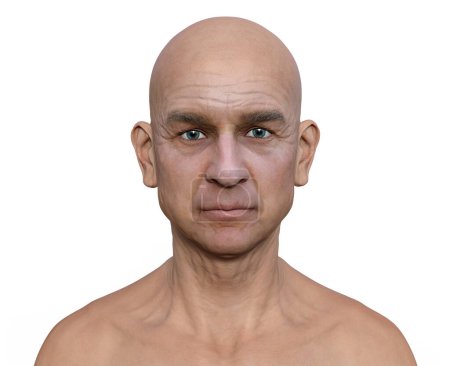 Foto de Retrato fotorrealista de un hombre europeo de mediana edad, ilustración en 3D que captura la textura de su piel, los contornos de su rostro y los detalles de su expresión con asombroso detalle.. - Imagen libre de derechos