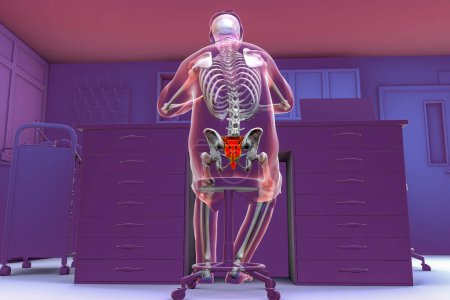 Foto de Un hombre sentado en un laboratorio, ilustración 3D que muestra el sistema esquelético y su conexión con el sacro y el cóccix, haciendo hincapié en la importancia de una postura adecuada y la ergonomía en el lugar de trabajo - Imagen libre de derechos