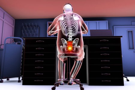 Photo for A man in a laboratory setting experiencing pain in his coccyx, conceptual 3D illustration highlighting the discomfort and possible injury that can occur from prolonged sitting or repetitive activities - Royalty Free Image