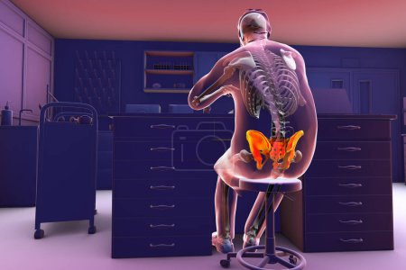 Foto de Un hombre sentado en un laboratorio, ilustración 3D mostrando el sistema esquelético y su conexión con los huesos de la pelvis, haciendo hincapié en la importancia de una postura adecuada y ergonomía en el lugar de trabajo - Imagen libre de derechos