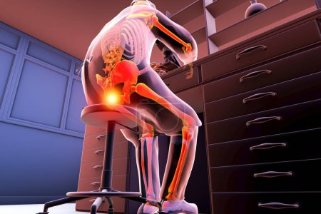 Téléchargez les photos : Un homme dans un environnement de laboratoire éprouvant de la douleur dans son coccyx, illustration 3D conceptuelle soulignant l'inconfort et les blessures possibles qui peuvent survenir à la suite d'activités prolongées assis ou répétitives - en image libre de droit