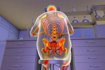 Foto de Un hombre que trabaja en laboratorio, ilustración 3D muestra la curvatura de la columna vertebral, incluyendo el cóccix, haciendo hincapié en la importancia de mantener una postura adecuada para evitar molestias y lesiones - Imagen libre de derechos