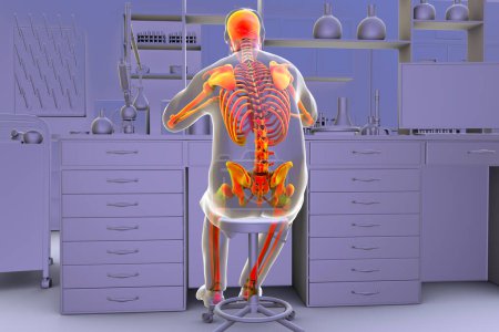Photo for A man working in laboratory, 3D illustration shows the curvature of the spinal column, including the coccyx, emphasizing the importance of maintaining proper posture to prevent discomfort and injury - Royalty Free Image