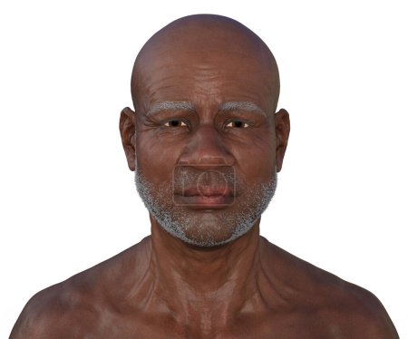 Foto de Un retrato fotorrealista de un hombre africano mayor, mostrando sus características únicas y carácter, ilustración 3D captura la textura de su piel y los detalles de su expresión en detalle impresionante. - Imagen libre de derechos
