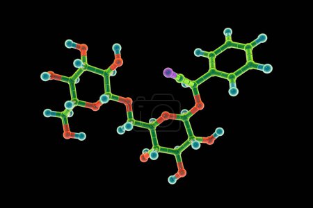 Téléchargez les photos : Modèle moléculaire de l'amygdaline, également connu sous le nom de laetrile ou vitamine B17, illustration 3D. Composé naturel présent dans les fosses de nombreux fruits, y compris les abricots. - en image libre de droit