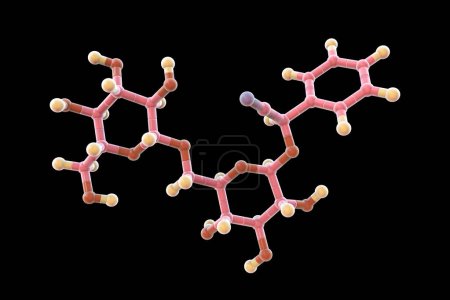 Foto de Modelo molecular de amígdala, también conocido como laetrilo o vitamina B17, ilustración 3D. Un compuesto natural que se encuentra en los hoyos de muchas frutas, incluyendo albaricoques. - Imagen libre de derechos
