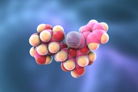 Foto de Modelo molecular de amígdala, también conocido como laetrilo o vitamina B17, ilustración 3D. Un compuesto natural que se encuentra en los hoyos de muchas frutas, incluyendo albaricoques. - Imagen libre de derechos
