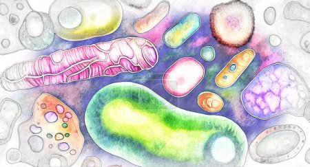 Téléchargez les photos : Beau micromonde, microbes colorés de différentes formes, illustration numérique dans le style croquis - en image libre de droit