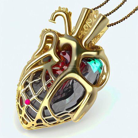 Téléchargez les photos : Bijou en forme de modèle anatomique de cœur humain en or, céramique et pierres précieuses, illustration en style 3D - en image libre de droit