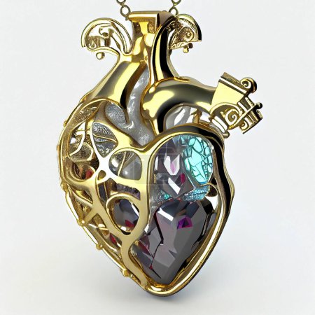 Jewerly in shape of anatomical model of human heart made from gold, ceramic and precious stones, illustration in 3D style