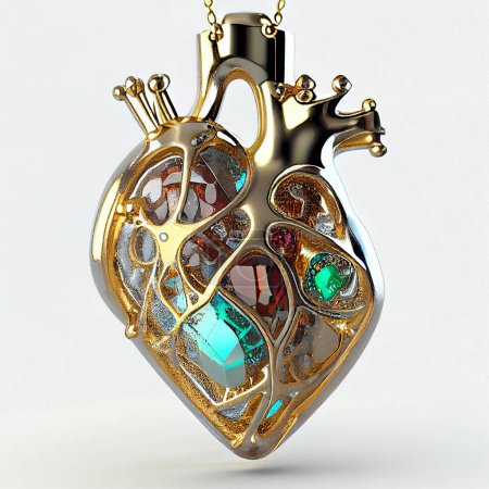 Foto de Joyería en forma de modelo anatómico de corazón humano hecho de oro, cerámica y piedras preciosas, ilustración en estilo 3D - Imagen libre de derechos