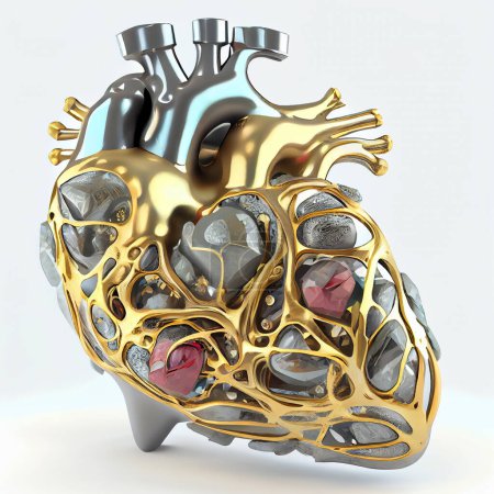 Foto de Joyería en forma de modelo anatómico de corazón humano hecho de oro, cerámica y piedras preciosas, ilustración en estilo 3D - Imagen libre de derechos