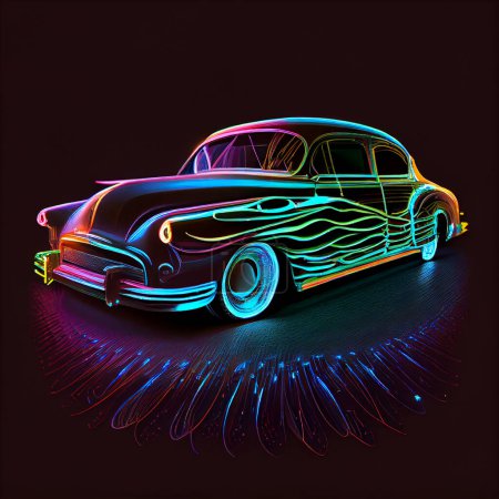 Téléchargez les photos : Une voiture vintage néon avec éclairage néon, illustration - en image libre de droit