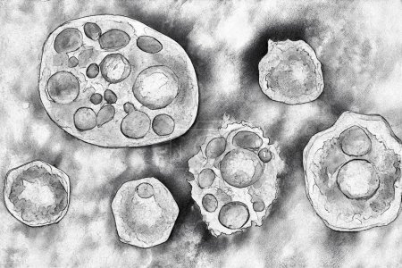 Photo for Human cells of different shape under microscope, digital illustration in sketch style - Royalty Free Image