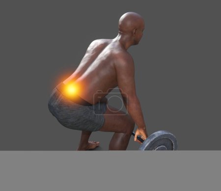 Foto de Un hombre que experimenta dolor de espalda mientras levanta una barra, ilustración conceptual 3d - Imagen libre de derechos