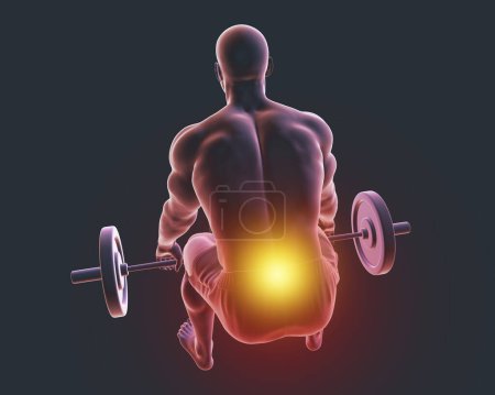 Photo for A man experiencing back pain while lifting a barbell, conceptual 3d illustration - Royalty Free Image