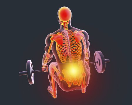 Foto de Un hombre que experimenta dolor de espalda mientras levanta una barra con el esqueleto resaltado, ilustración conceptual 3d - Imagen libre de derechos