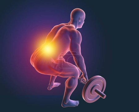Photo for A man experiencing back pain while lifting a barbell, conceptual 3d illustration - Royalty Free Image