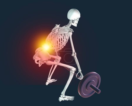 Foto de Un esqueleto humano que experimenta dolor de espalda mientras levanta una barra, ilustración conceptual 3d - Imagen libre de derechos