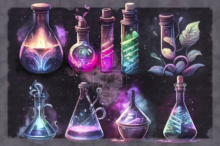 Un conjunto de coloridos tubos científicos y frascos sobre un fondo oscuro, mostrando la belleza de la ciencia y la experimentación, ilustración 3D en estilo de boceto