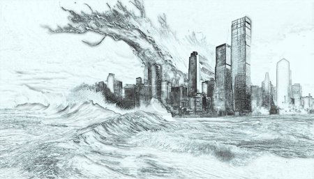 Téléchargez les photos : Illustration dramatique représentant une vague de tsunami dominant une ville, avec des bâtiments sur son passage, style croquis monochrome - en image libre de droit