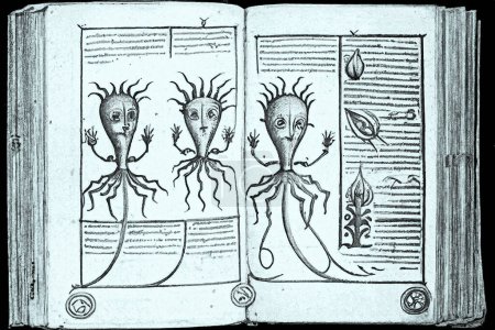Téléchargez les photos : Dessins d'extraterrestres dans un livre antique avec annotations sur un langage abstrait, illustration numérique dans le style de croquis - en image libre de droit