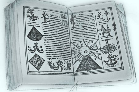 Téléchargez les photos : Dessins de sorts magiques et attributs magiques dans un livre antique avec annotations sur un langage abstrait, illustration numérique en style croquis - en image libre de droit