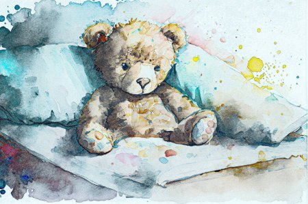 Foto de Molesto oso de peluche enfermo en la cama, ilustración digital en estilo de boceto - Imagen libre de derechos