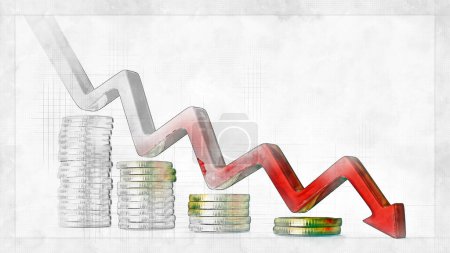 Photo for Golden coin stacks and arrow down, 3D illustration. Financial crisis. Downtrend tendency. Declining economy concept - Royalty Free Image