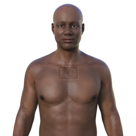 Téléchargez les photos : Illustration photoréaliste 3D montrant la moitié supérieure d'un homme africain, regardant avec confiance la caméra, révélant les détails complexes de son anatomie de la peau, du visage et du corps - en image libre de droit