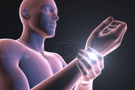 Téléchargez les photos : Un homme souffrant de douleurs au poignet, illustration 3D conceptuelle - en image libre de droit