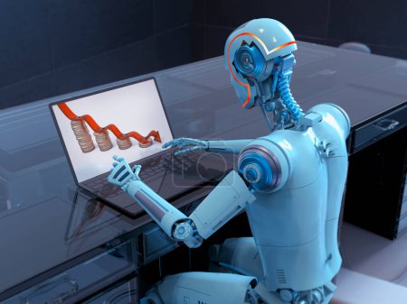 Foto de Un robot humanoide que trabaja con una computadora portátil que estudia economía, ilustración conceptual 3D. Inteligencia artificial, red neuronal, futuro del desarrollo de software, industria y economía - Imagen libre de derechos