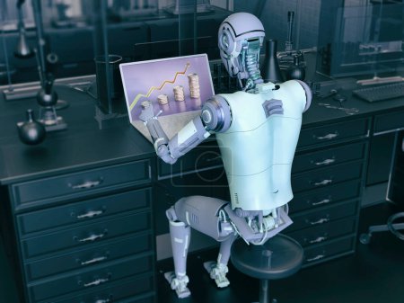 Foto de Un robot humanoide que trabaja con una computadora portátil que estudia economía, ilustración conceptual 3D. Inteligencia artificial, red neuronal, futuro del desarrollo de software, industria y economía - Imagen libre de derechos