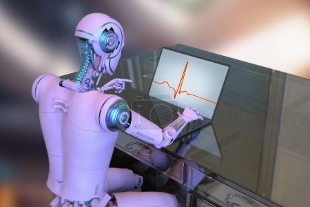 Foto de Una ilustración en 3D que muestra a un robot humanoide trabajando con un portátil mientras estudia un electrocardiograma ECG, analizando el ritmo cardíaco y los patrones. - Imagen libre de derechos