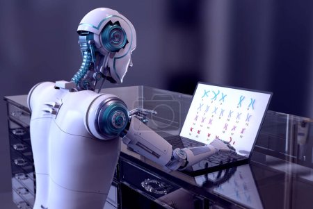 Téléchargez les photos : Illustration 3D d'un robot humanoïde étudiant les chromosomes humains avec un ordinateur portable, mettant en évidence l'application de l'intelligence artificielle en médecine, génétique, diagnostic et traitement des troubles génétiques. - en image libre de droit