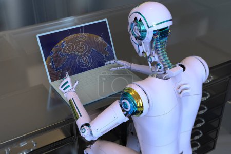 Téléchargez les photos : Illustration 3D mettant en scène un robot humanoïde engagé dans l'étude d'une carte géographique sur un ordinateur portable, mettant en valeur l'application de l'intelligence artificielle dans les domaines de la géographie et de l'économie mondiales. - en image libre de droit