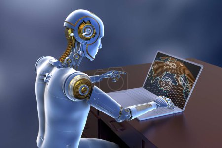 Eine 3D-Illustration mit einem humanoiden Roboter, der eine geografische Karte auf einem Laptop studiert und die Anwendung künstlicher Intelligenz in den Bereichen Weltgeographie und Wirtschaft veranschaulicht.