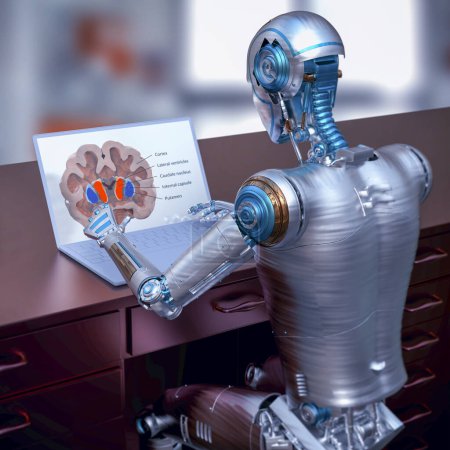 Téléchargez les photos : Illustration 3D d'un robot humanoïde étudiant le cerveau humain avec un ordinateur portable, mettant en évidence l'application de l'intelligence artificielle en science et en médecine. - en image libre de droit